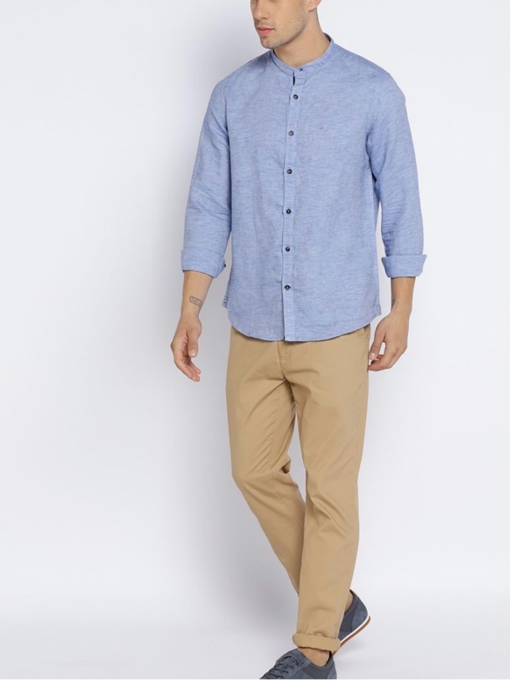 Lee Cooper Men Casual Band Collar Light Blue Linen Buttoned Shirt Size Medium